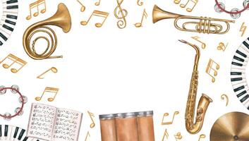 Watercolor percussion, string, wind instruments, musical notes, red splashes horizontal frame isolated background. Drum kit, double bass, piano, music notebook border with empty space for text. vector