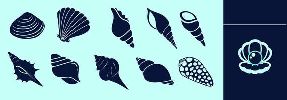 Sea shells icon set with various types, like clam, scallop, conch, cowrie, volute, miter, clam perl and others. Editable icon elements, size and color. vector