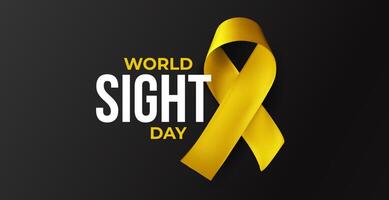 Yellow ribbon with World Sight Day message on dark background. Vision awareness symbol, prevention of blindness. Realistic glossy 3D illustration vector