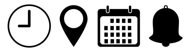 Time, address, date and notification bell icon set on white background. vector