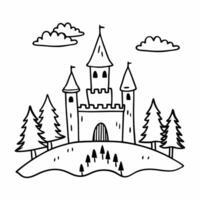 Enchanted Castle Landscape with Clouds and Pine Trees in Black and White Art vector