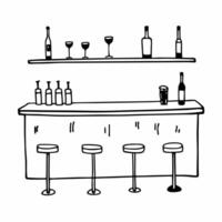 Minimalist Hand Drawn Bar Counter with Stools and Bottles Illustration vector