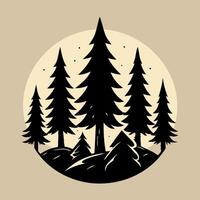 Silhouette of Pine Trees in Circular Forest Design with Starry Sky vector
