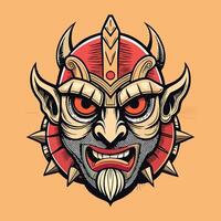 Fierce Tribal Mask Illustration with Horns and Bold Colors on Orange Background vector