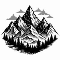 Majestic Mountain Range with Pine Forest and Clouds in Vintage Black and White Illustration vector