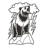 Roaring bear on mountain with storm clouds and lightning illustration vector