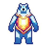 Pixel art bear in armor, retro design blue and orange armored character in 8 bit vector