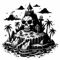 Mystical Skull Island Fantasy Illustration with Palm Trees and Ocean vector