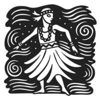 graceful hula dancer in traditional attire with swirling patterns, black and white art vector