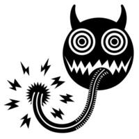 abstract devilish icon with spiral eyes, sharp teeth, horns, and electric bolt tongue vector