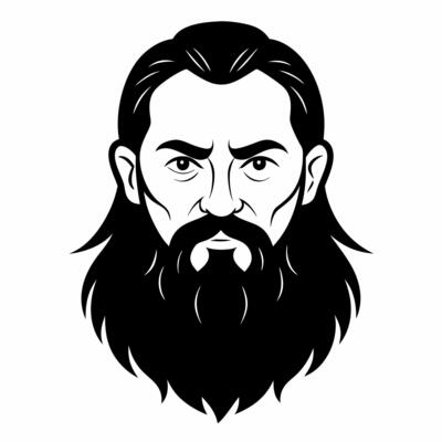 Detailed illustration of a bearded man with intense expression in black and white