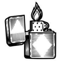 Vintage lighter illustration with open lid and flames in black and white vector