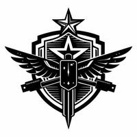 Winged guitar emblem with star and shield design in black and white vector