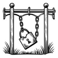 rustic hanging padlock on wooden post vintage security, chain lock concept with broken lock symbolism vector