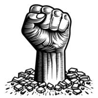 raised fist breaking through the ground symbol of power, rebellion, strength, and unity black and white illustration vector