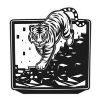 Pixelated tiger emerging from digital screen artwork, dynamic wildlife illustration vector