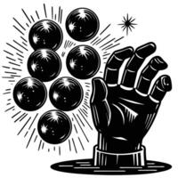 Mystical hand of fortune with floating orbs and a spark in vintage ink vector