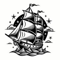 Vintage sailing ship under starry night sky with waves and clouds vector
