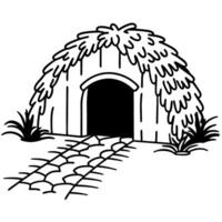 traditional hut illustration with thatched roof and stone pathway simple black and white drawing of ancient shelter structure vector