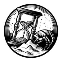 hourglass and hermit crab in desert time passing, nature illustration, wildlife surrealism, monochrome art vector