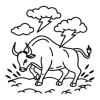angry bull under storm clouds fierce animal illustration with lightning, powerful and bold line art vector