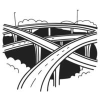 Intricate highway overpass intersecting roads in monochrome illustration vector