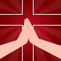 Hands in prayer against the background of the cross to Pentecost on a dark red background vector