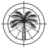 palm tree within crosshair design minimalistic black line illustration, nature and navigation symbol vector
