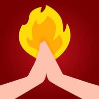 Hands in prayer against a background of fire to the pentecost on a dark red background vector