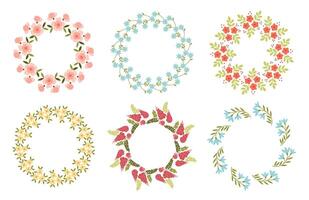 Collection of floral wreaths with various wildflowers. Set of round frames made of branches with flower blossoms and green leaves. Elegant spring design elements. Flat isolated illustration. vector