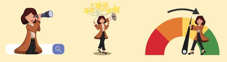 Set Collection Searching for Information, Performance rating and Customer Holding 5 Star Rating. vector