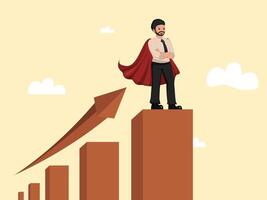 Successful Business Growth Concept with Confident Businessman Standing on Top of a Bar Graph in a Superhero Cape. vector