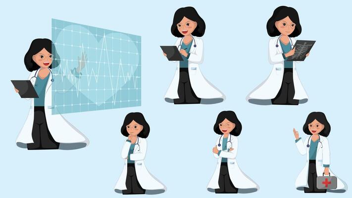 Set Collection 6 Poses of a Medical Doctor Diverse Actions and Expressions in Healthcare.