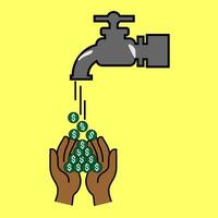 Dollar coins money flow from faucet to open hands in a simple illustration with a yellow background vector