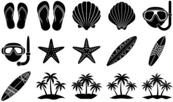 Tropical island and beach set with seamless leaf and shell pattern elements, Summer Vacation Icon Set vector