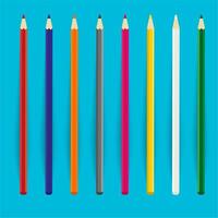 A set of eight colored pencils are aligned vertically against a light blue background vector