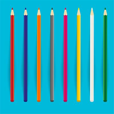 A set of eight colored pencils are aligned vertically against a light blue background