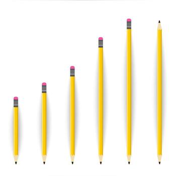 Six yellow pencils are arranged in ascending order by height on a white background. vector