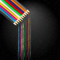 Diagonal arrangement of colored pencils with black barrels on a dark background vector