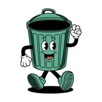 Fun retro character of a green smiling trash can with arms and legs walking happily down a street vector