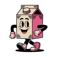 retro cartoon character of a smiling milk carton walking in a playful manner vector