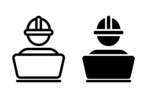 icon of construction worker wearing a hard hat and working on a laptop. Represents construction, engineering, development, and related professions. Clean, modern, and suitable for various design vector