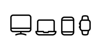 Devices outline icon set. desktop computer, laptop, smartphone, and smartwatch. illustration isolated on transparent background. editable stroke vector