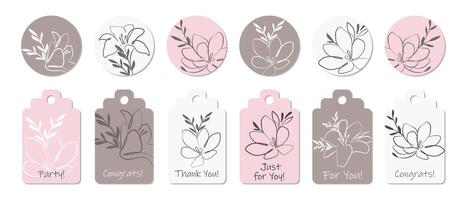 Rustic sticker set or greeting card template with outline flowers. Anniversary, birthday, wedding, party, social media banner set. vector