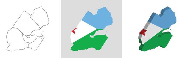 Djibouti outline, fill with flag and 3d map vector