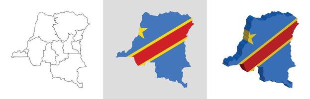 Democratic Republic of the Congo outline, fill with flag and 3d map vector