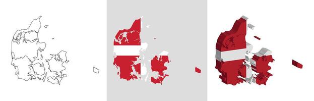 Denmark outline, fill with flag and 3d map vector