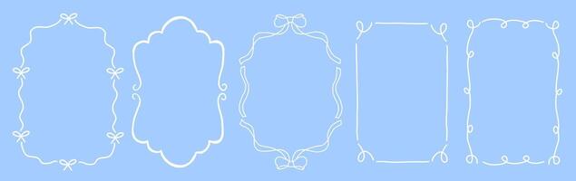 Set of drawing wavy elegant outline frame. Abstract curve whimsical border with bow tie. Vertical border frame card in vintage style vector