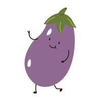 Flat style illustration of an eggplant with happy face, ideal for healthy eating, cooking projects, and vegetable-inspired designs. vector