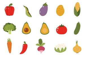 Flat style collrction of various vegetables including broccoli, tomato, and avocado, ideal for healthy eating, cooking, and vegetable-inspired design projects. vector